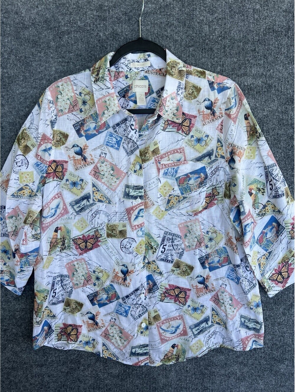Chico's No-Iron Shirt 100% Linen Postage Stamp Print Size 2 /L Button Up Travel